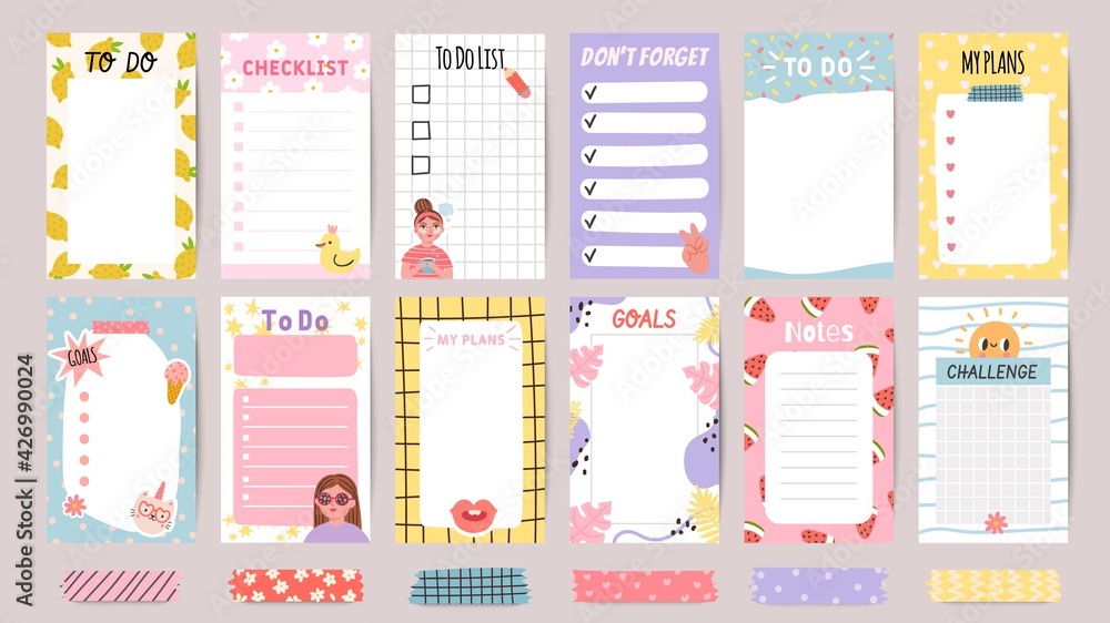 Planner list notes. Weekly to do lists and daily schedule with stickers and cute patterns. Checklist for goals and plans template vector set - obrazy, fototapety, plakaty 