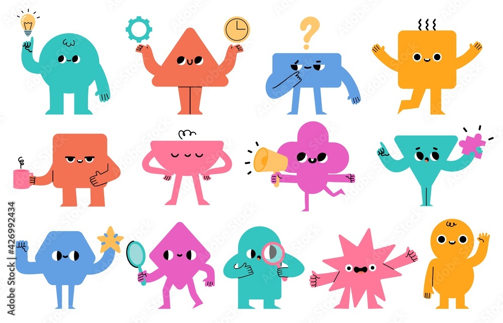 Abstract characters. Geometric comic creature emotions. Funny face business team avatar with magnifier, light bulb and megafon, vector set - obrazy, fototapety, plakaty 