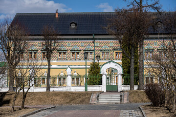 golden towers and ancient architectural solutions of the Trinity-Sergievskaya Lavra in Sergiev Posad on a sunny spring day 