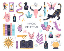 Witchcraft Set, Mystic Magical Symbols, Hand Drawn Mystery Collection, Modern Boho Style Elements For Print Design Crystal, Tarot Cards, Potion. Vector Icons And Logo Illustration, On White Background