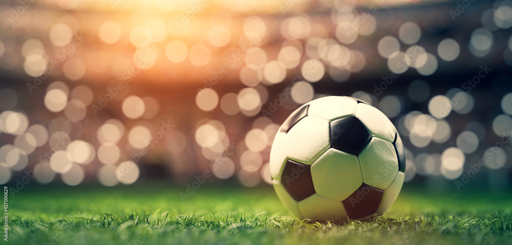Football soccer ball on grass field on stadium - obrazy, fototapety, plakaty 