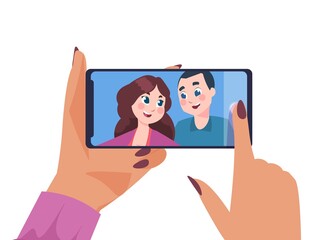 Poster - Couple selfie. Happy man and woman taking pictures on smartphone. Cartoon people posing together and shooting photography on phone. Vector female holding device and looking at photos