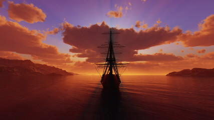 old ship sunset at sea 3d rendering