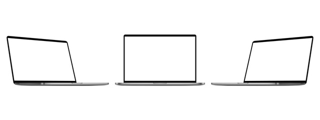 Set of Modern Laptops, Front and Side View, Isolated on White Background. Vector Illustration