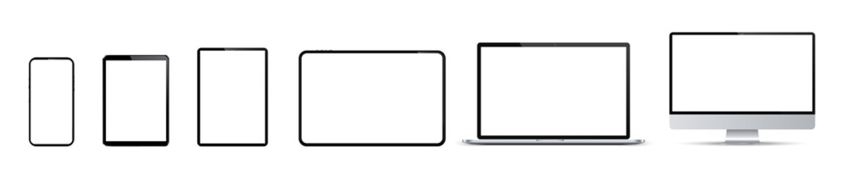 Poster - Set of mockup technology devices with empty white display: computer, laptop, tablet and mobile phone - stock vector