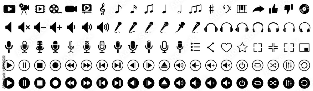 Media player control icon set, music, sound and cinema icon set, interface multimedia symbols video and audio, media player buttons, music speaker volume – stock vector - obrazy, fototapety, plakaty 