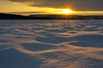 Wall Mural - Russia. South of the Krasnoyarsk Territory, Winter dawn on the snow-covered lake Bolshoe near the village of Parnaya.