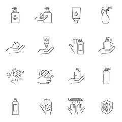  Antiseptics and Antivirus Protection Icon Set. Collection of linear simple web icons such as Anti-Virus Protection, Нand Hygiene, Soap, Antiseptic. Outline Signs. Web Design, Mobile App. Eps10