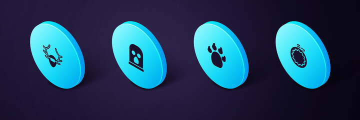 Wall Mural - Set Isometric Canteen water bottle, Paw print, Balaclava and Deer antlers on shield icon. Vector