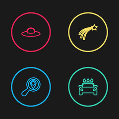 Sticker - Set line Search location, Car wash, Falling star and UFO flying spaceship icon. Vector