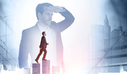 Wall Mural - Businessman climbing bar, looking at long distance chart and skyscrapers