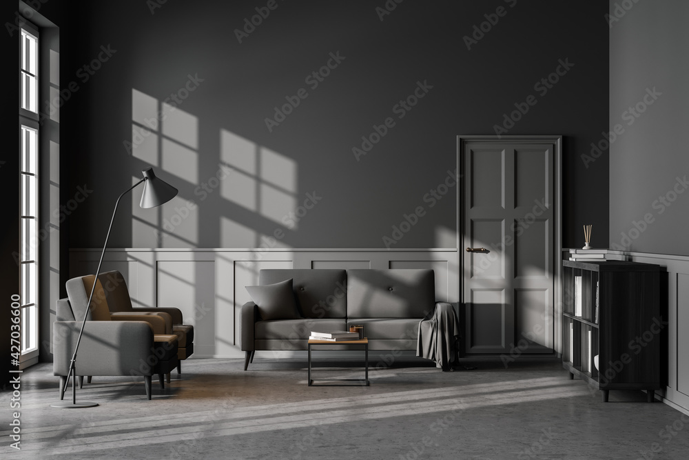 Grey living room interior with armchair and sofa on concrete floor, mockup - obrazy, fototapety, plakaty 