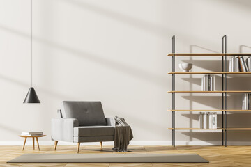 Beige living room interior with sofa and bookshelf on parquet floor, mockup