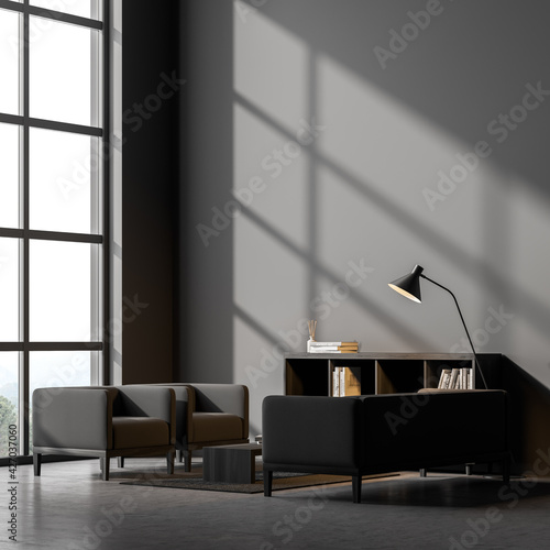 Obraz Dibond Dark contemporary waiting room interior with panoramic window