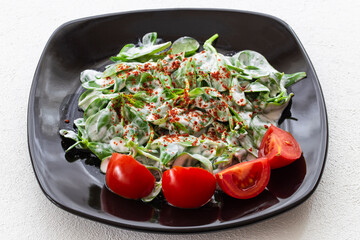 Purslane salad is a type of salad. Purslane salad is a healthy food source. It is a type of salad used in diets.