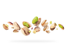 Wall Mural - Crushed pistachios close-up hovered in white space