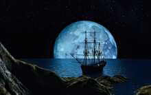 Sailboat At The Full Blue Moon