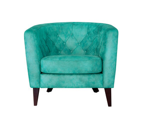 Teal armchair isolated on white. Modern furniture. Soft turquoise leather armchair on white background