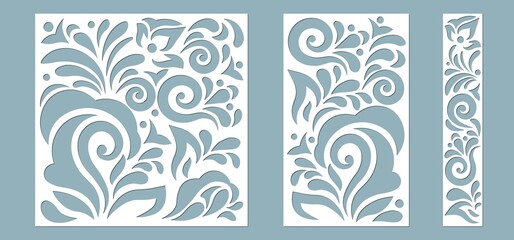 Set panel abstract leaves for registration of the decorative surfaces. Abstract strips, flowers, panels. Vector illustration of a laser cutting. Plotter cutting and screen printing.