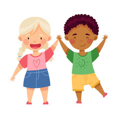 Wall Mural - Cheerful Boy and Girl of Diverse Nationality Holding Hands and Smiling Vector Illustration