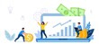 Invest in best idea Investment and analysis money cash profits metaphor Flat design tiny people and business concept for trading Economical wealth revenue visualized as pile of cash vector illustratio