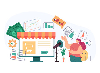 Wall Mural - manager worker woman chracter making online web internet announcement advertising concept. vector fl