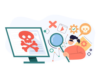 Wall Mural - programmer woman character searching computer bud viruses. vector flat cartoon modern style abstract
