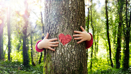 Tree Hugging - Love Nature - Child Hug The Trunk With Red Heart Shape