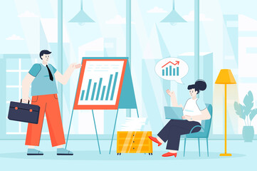Wall Mural - Business meeting concept in flat design. Employees work in office scene. Colleagues analyze company development statistics at presentation. Vector illustration of people characters for landing page