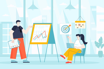 Business planning concept in flat design. Teamwork in office scene. Colleagues planning project, targeting, statistics analysis, development. Vector illustration of people characters for landing page