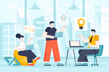 Wall Mural - Developers team concept in flat design. Teamwork at office scene. Man and woman coding, programming, brainstorming, working project together. Vector illustration of people characters for landing page
