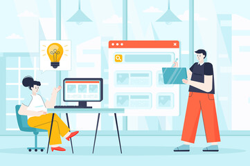 Wall Mural - designers concept in flat design. employees working at office scene. man and woman creating new prod