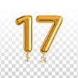 Vector realistic isolated golden balloon number of 17 for invitation decoration on the transparent background.