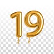 Vector realistic isolated golden balloon number of 19 for invitation decoration on the transparent background.