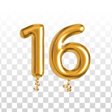 Vector Realistic Isolated Golden Balloon Number Of 16 For Invitation Decoration On The Transparent Background.