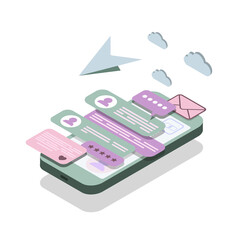 Isometric concept with mobile phone and chat. Chatting sending and receiving messages and sms. Online conversation. Social network. Vector illustration. EPS