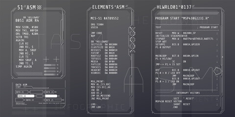 Wall Mural - hud interface elements with part of the code assembly.