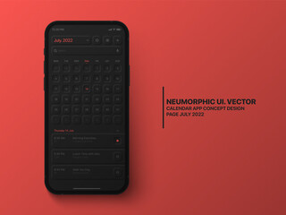 Wall Mural - vector calendar mobile app july 2022 conceptual ui neumorphic design dark mode on photorealistic mob