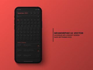 Wall Mural - vector calendar mobile app september 2022 conceptual ui neumorphic design dark mode on photorealisti