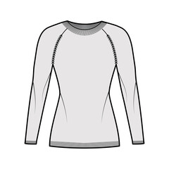 Wall Mural - Crew neck Sweater technical fashion illustration with raglan long sleeves, slim fit, hip length, knit rib trim. Flat jumper apparel front, grey color style. Women, men unisex CAD mockup