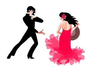 Wall Mural - A young man in a black suit and a girl in a long red dress, with a rose in her hair and with a fan in her hand, dance flamenco isolated on a white background. Spanish, gypsy motives.