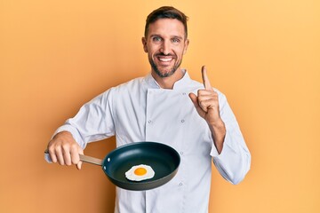 Sticker - Handsome man with beard professional chef cooking fried egg smiling with an idea or question pointing finger with happy face, number one