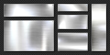Realistic Shiny Metal Banners Set. Brushed Steel Plate With Screws. Polished Silver Metal Surface. Vector Illustration.