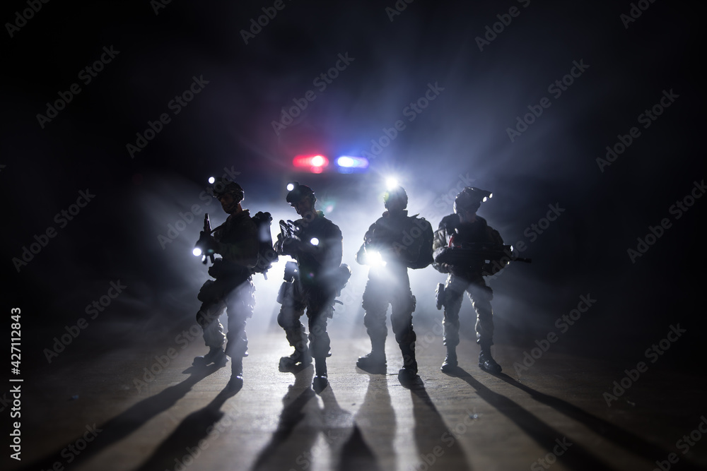 Anti Riot Unit Police Anti-riot police give signal to be ready. Government power concept ...