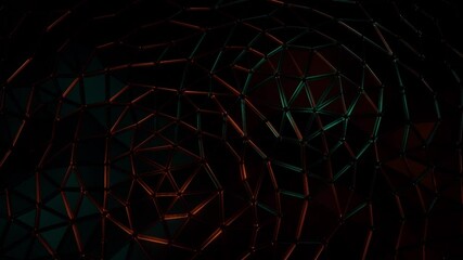 Light shining through a dark triangulated surface. 3D animation.