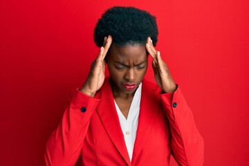 Wall Mural - Young african american girl wearing business clothes with hand on head for pain in head because stress. suffering migraine.