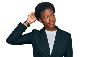 Wall Mural - Young african american girl wearing business clothes confuse and wondering about question. uncertain with doubt, thinking with hand on head. pensive concept.