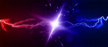 Lightning Collision Red And Blue Background, Versus Banner. Powerful Colored Lightnings And The Flash From The Collision. Confrontation Concept, Competition Vs Match Game. Versus Battle. Vector 