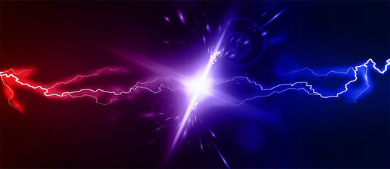 lightning collision red and blue background, versus banner. powerful colored lightnings and the flas