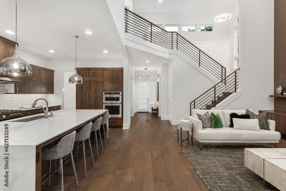 Kitchen and living room interior in new luxury home with open concept ...